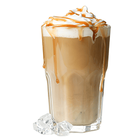 Tall class of cold brew coffee mixed with cream, topped with whipped cream and drizzled with caramel sauce