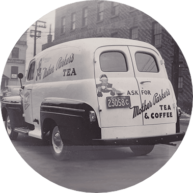 Vintage black and white Mother Parkers tea and coffee delivery van