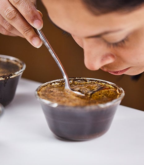 Tester nosing a cup of coffee grounds using a spoon