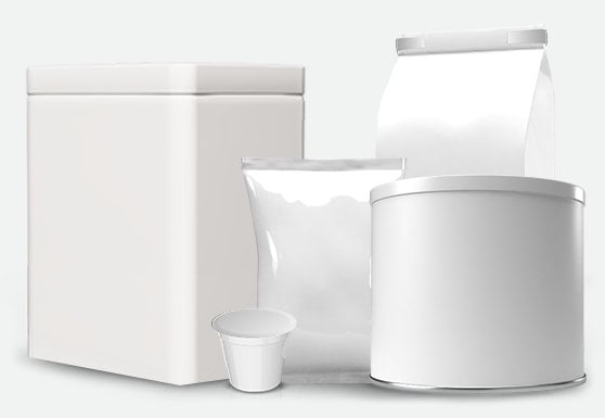 Cluster of blank 3D products including a large tin, medium tin, small bag, large bag, EcoCup and tea bag